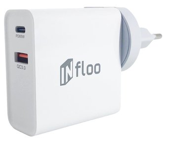 Ładowarka GAN sieciowa INfloo 65W REALNE ! QC3.0 PD USB-C USB-A GNIAZDKO biała - InFloo