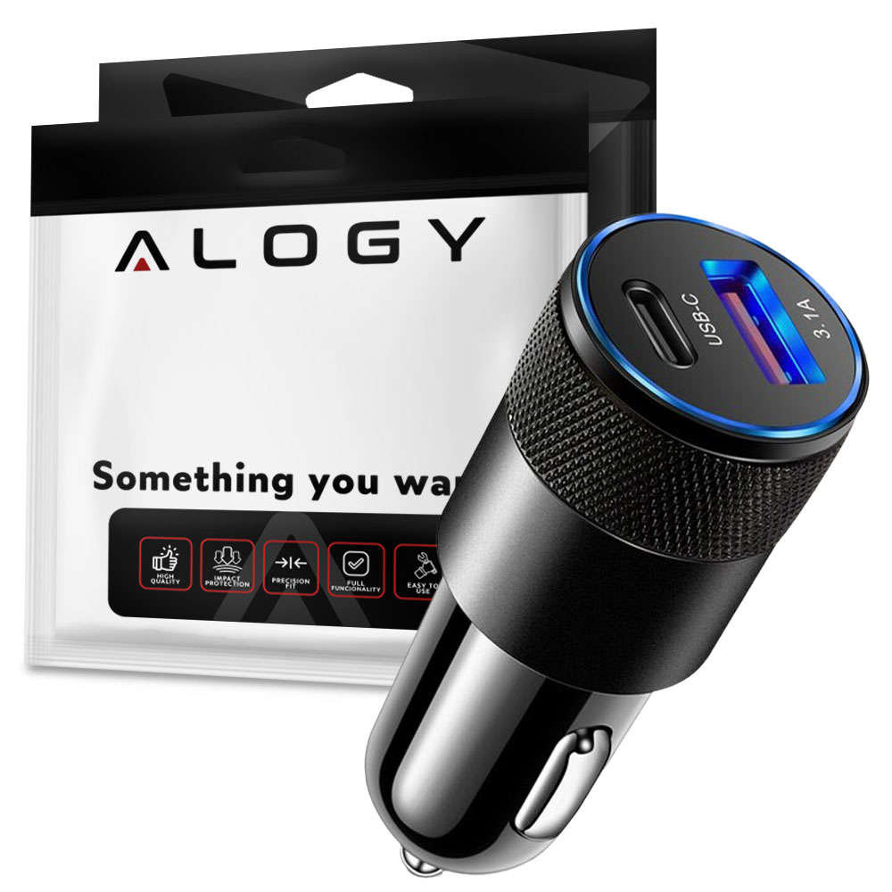 Zdjęcia - Ładowarka Alogy  samochodowa  do auta USB-C Type C + USB 3.1A Czarna + Kabel 