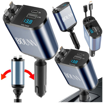 Ładowarka samochodowa USB C Lightning 2x zwijany kabel 0,8m 2xUSB 24V/12V - Bounn