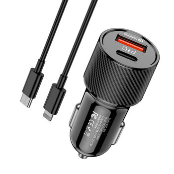 Ładowarka Samochodowa (Usb Typ C Pd + Usb Qc3.0) + Kabel Usb-C - Apple Lightning 1M Kakusiga Ksc-678 Czarna - KAKU