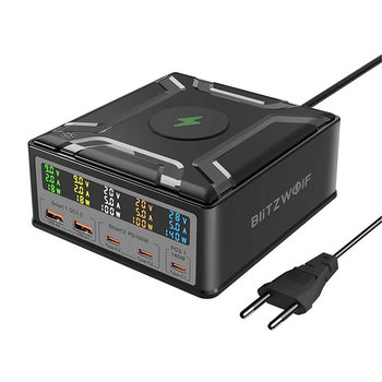 Ładowarka sieciowa Blitzwolf BW-S28 260W, 2xUSB-A, 3xUSB-C, 15W ładowarka bezprzewodowa (czarna) - BlitzWolf