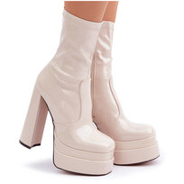 Lakierowane Botki Na Platformie I Wysokim Słupku Beżowe Lotisha -41