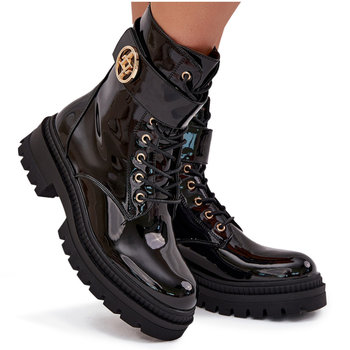 Lakierowane Botki Workery Damskie Ze Złotym Detalem Ocieplane Czarne Fiorena-36 - Butosklep