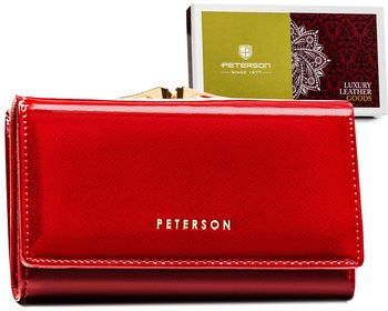 Lakierowany portfel damski skórzany na zatrzask i bigiel czerwony elegancki na prezent ochrona kart RFID PETERSON - Peterson