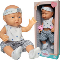 Lalka bobas chłopczyk 42 cm strój sportowy butelka smoczek skarpetki zestaw