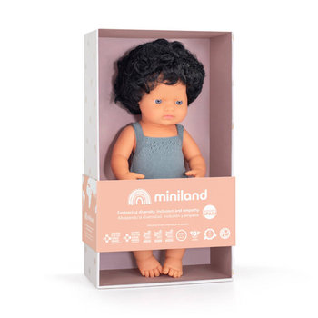 Lalka chłopiec Colourful Edition Miniland Doll - Europejczyk Czarne Kręcone Włosy 38cm - Miniland