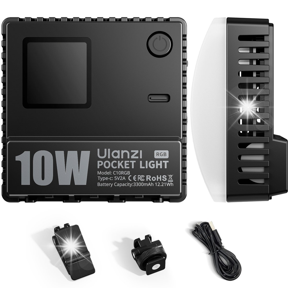Luce LED RGB ULANZI C10RGB Da 10W – Faretto Portatile Con Batteria 3300mAh, Clip Per Telefono E Supporto Cold Shoe