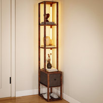 Lampa podłogowa HOMCOM do salonu, ściemnialna, z półkami, szufladą z materiału, przełącznikiem nożnym, nowoczesna lampa podłogowa do sypialni, biura, rustykalny brąz