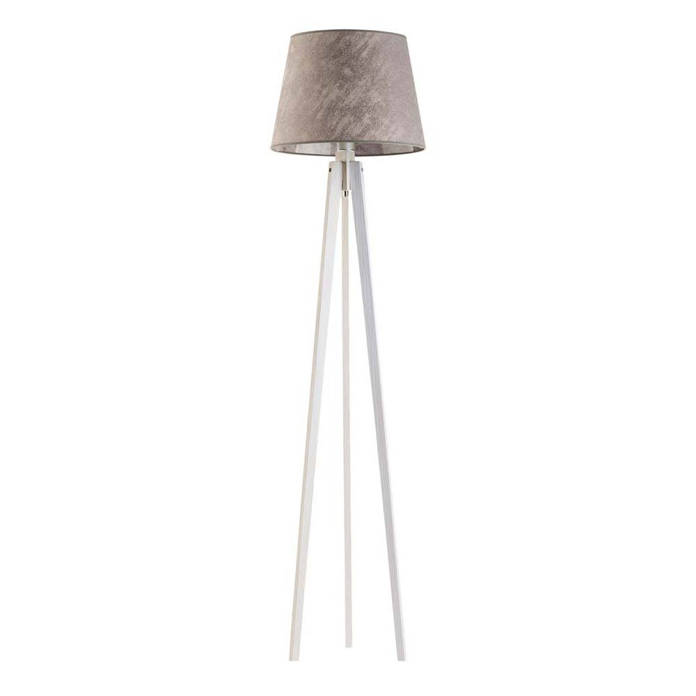 Drewniana lampa stojąca do sypialni z abażurem tkaninowym Curacao, 60 W, E27, beton-biała, 158x40 cm