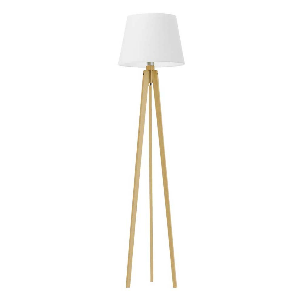 Drewniana lampa stojąca do salonu na trzech nóżkach z abażurem Curacao, 60 W, E27, biało-dębowa, 158x40 cm