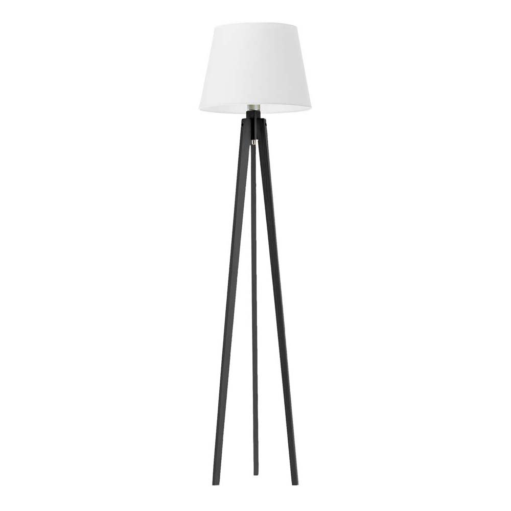 Uniwersalna lampa stojąca drewniana na trójnogu z białym abażurem w kształcie stożka Curacao, 60 W, E27, biało-hebanowa, 158x40 cm