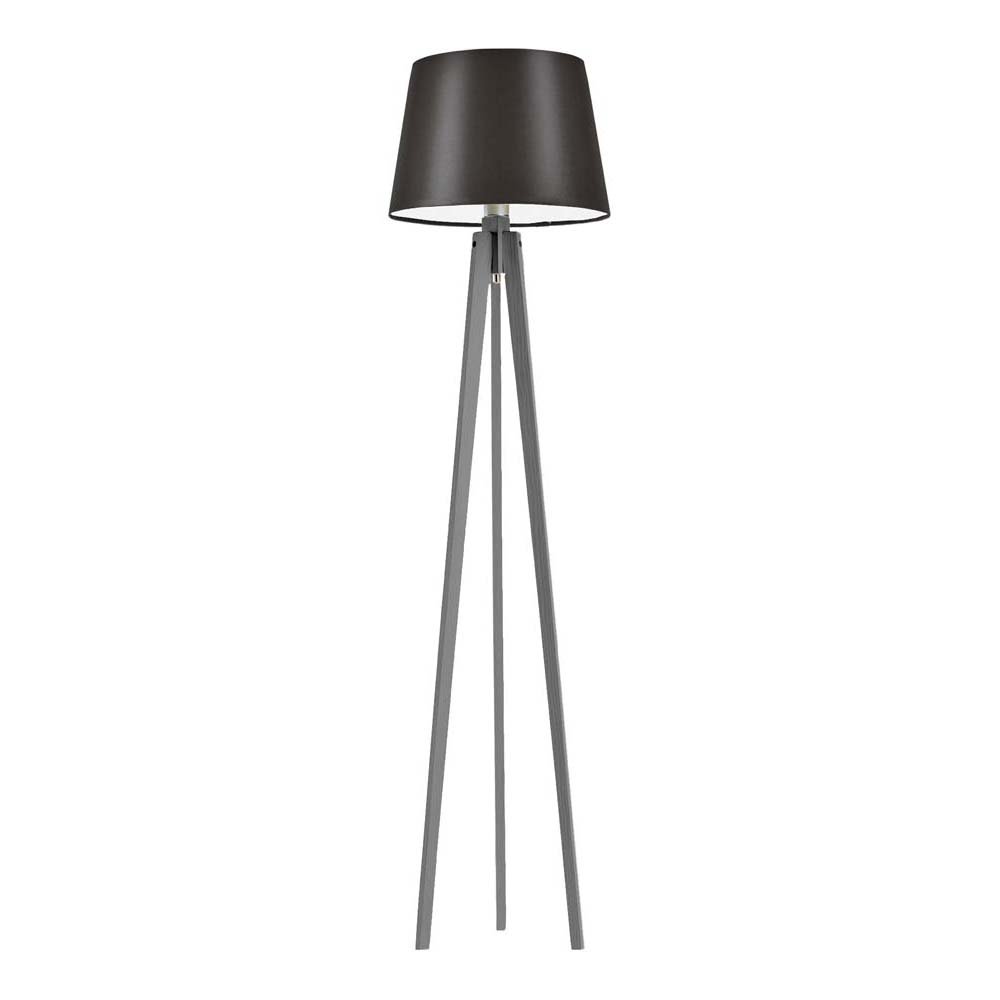 Drewniana lampa stojąca do salonu z brązowym abażurem w klasycznym stylu Curacao, 60 W, E27, brązowo-popielata, 158x40 cm