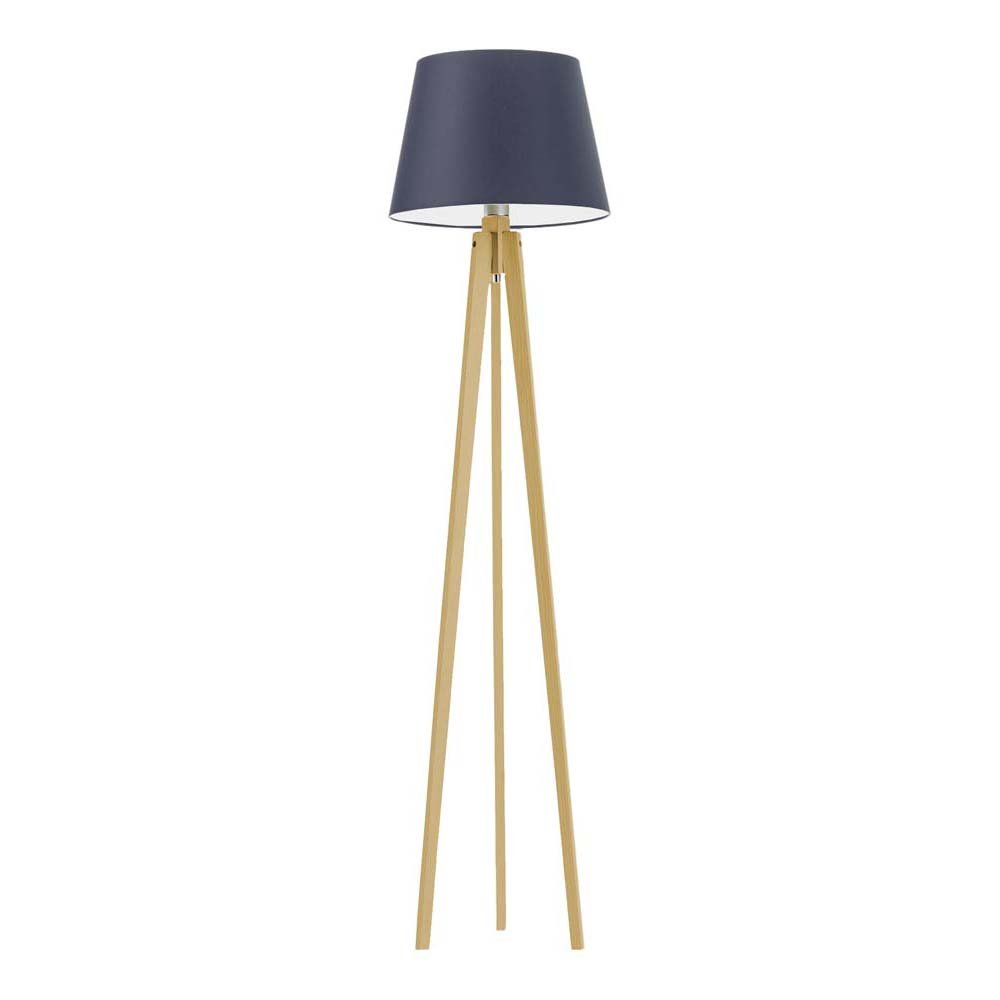 Drewniana lampa stojąca do salonu na trzech nogach w stylu skandynawskim Curacao, 60 W, E27, granatowo-dębowa, 158x40 cm