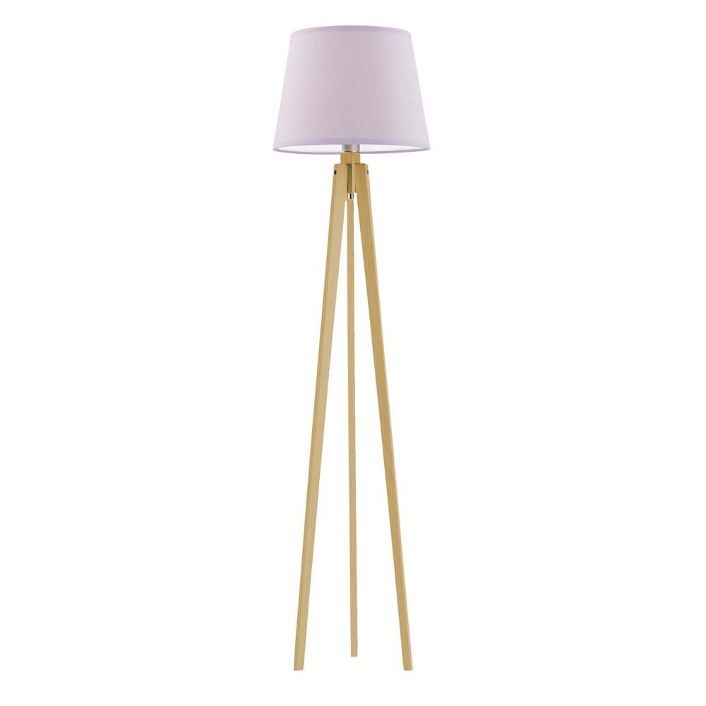 Fioletowa lampa podłogow drewniana na trójnogu do sypialni z materiałowym abażurem Curacao, 60 W, E27, jasnofioletowo-dębowa, 158x40 cm