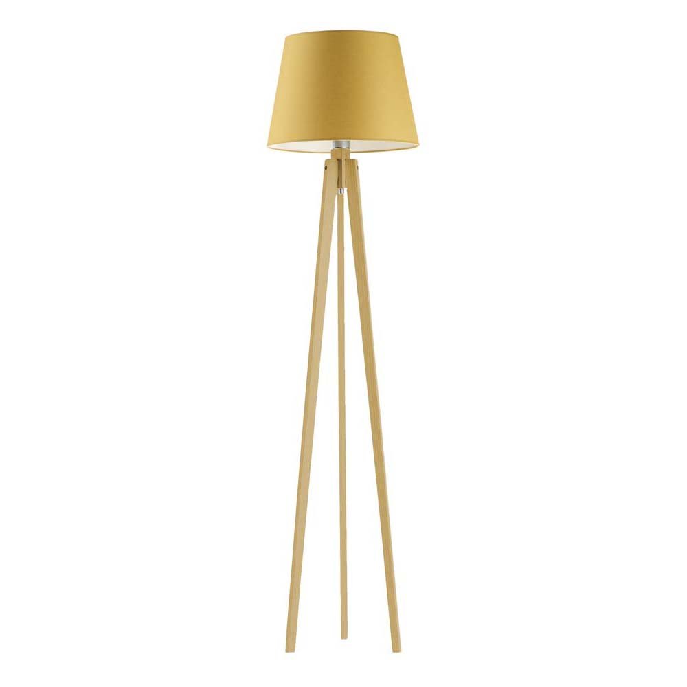 Drewniana lampa stojąca do slonu z abażurem do sypialni Curacao, 60 W, E27, musztardowo-dębowa, 158x40 cm