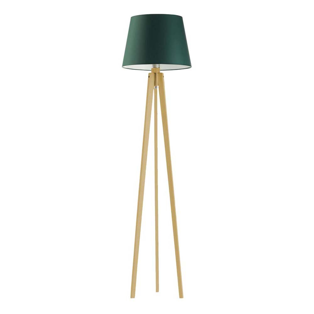 Dębowa lampa stojąca na trójnogu z abażurem do salonu Curacao, 60 W, E27, zieleń butelkowa-dębowa, 158x40 cm