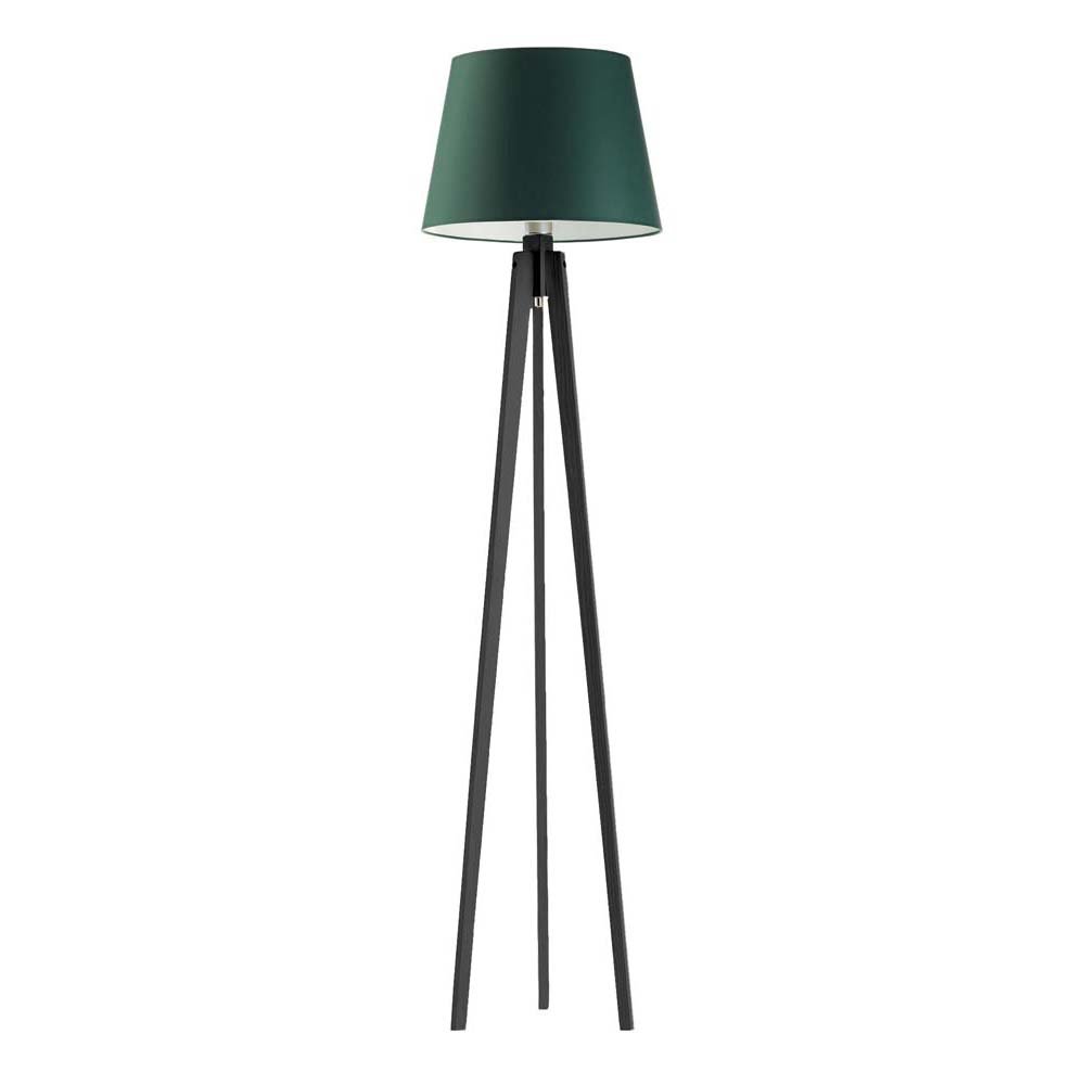 Skandynawska lampa podłogowa z drewna na trójnogu z abażurem LYSNE Curacao, 60 W, E27, zieleń butelkowa-hebanowa, 158x40 cm