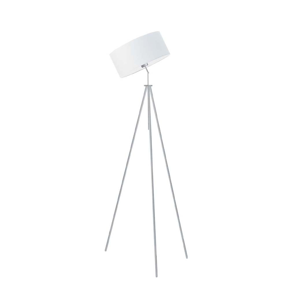 Srebrna lampa podłogowa na trójnogu z białym abażurem Malmo, 60 W, E27, biało-srebrna, 145x50 cm