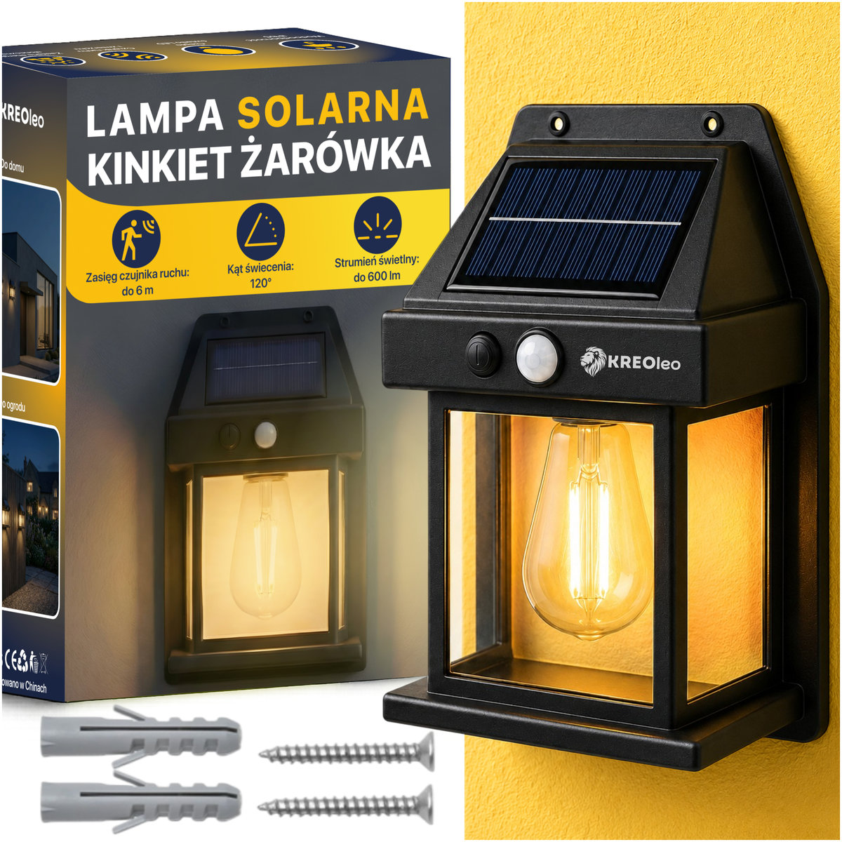 LAMPA SOLARNA KINKIET LED ŻARÓWKA ELEWACYJNA ULICZNA OGRODOWA ZEWNĘTRZNA