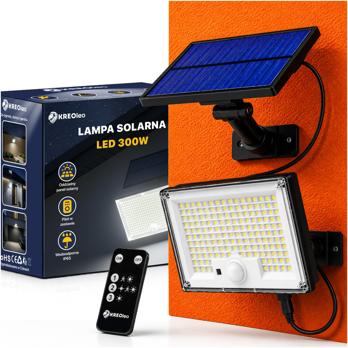 LAMPA SOLARNA LED 300W Z CZUJNIKIEM ZMIERZCHU RUCHU Z OSOBNYM PANELEM PILOT