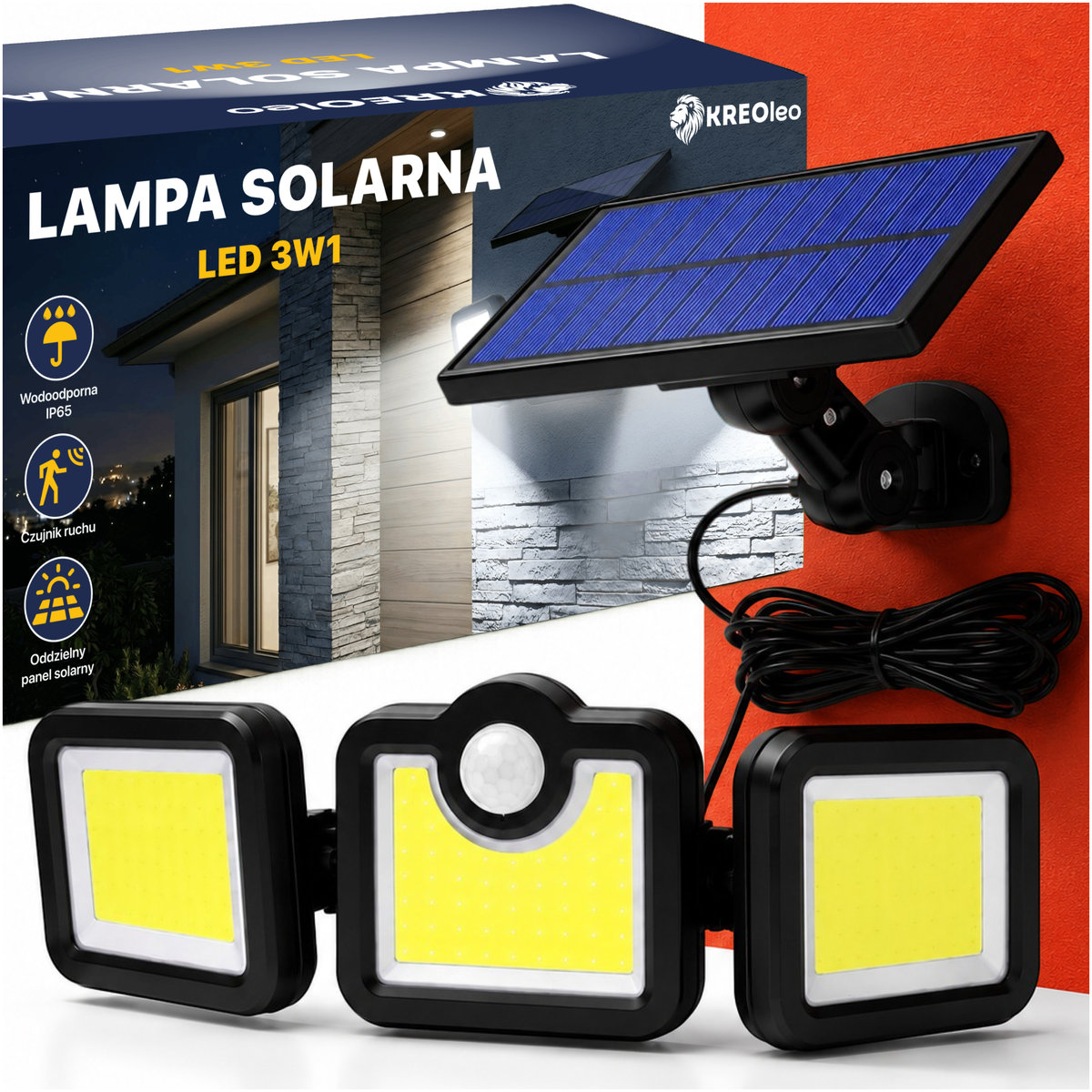 LAMPA SOLARNA LED 3w1 Z CZUJNIKIEM RUCHU ZMIERZCHU COB PILOT OSOBNY PANEL