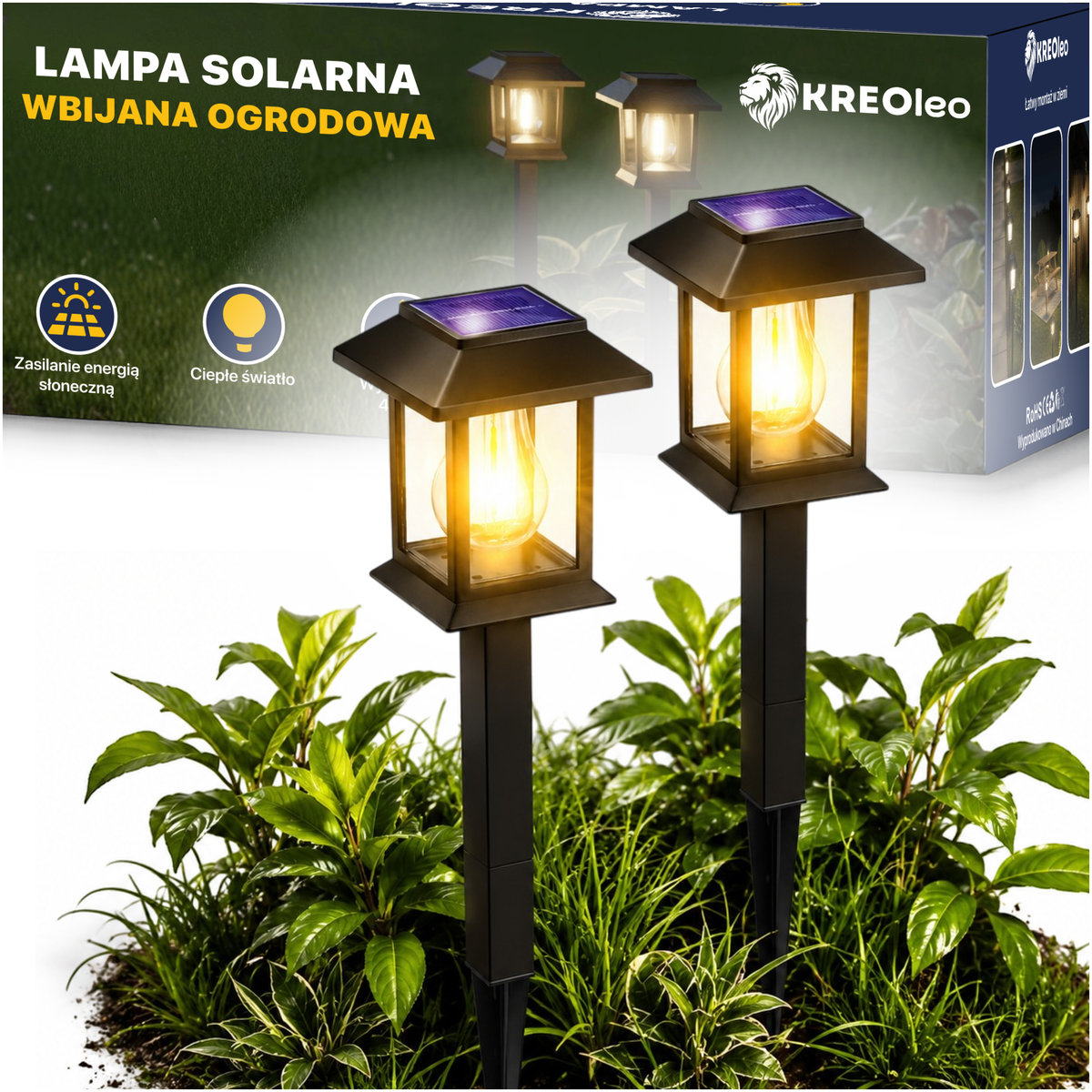 LAMPA SOLARNA WBIJANA 2X OGRODOWA WODOODPORNA CZUJNIK ZMIERZCHU ŻARÓWKA