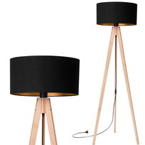 Lampa stojąca podłogowa TRÓJNÓG DREWNIANY buk ABAŻUR czarny złoty