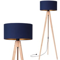 Lampa stojąca podłogowa TRÓJNÓG DREWNIANY buk ABAŻUR granatowy złoty