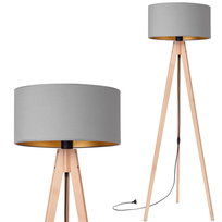 Lampa stojąca podłogowa TRÓJNÓG DREWNIANY buk ABAŻUR szary złoty