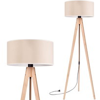 Lampa stojąca podłogowa TRÓJNÓG DREWNIANY buk ABAŻUR WELUR beżowy