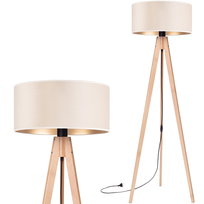 Lampa stojąca podłogowa TRÓJNÓG DREWNIANY buk ABAŻUR WELUR beżowy złoty