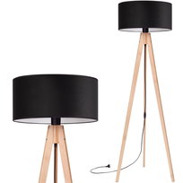 Lampa stojąca podłogowa TRÓJNÓG DREWNIANY buk ABAŻUR WELUR czarny