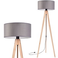 Lampa stojąca podłogowa TRÓJNÓG DREWNIANY buk ABAŻUR WELUR szary