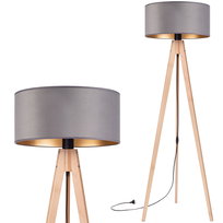 Lampa stojąca podłogowa TRÓJNÓG DREWNIANY buk ABAŻUR WELUR szary złoty