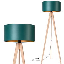 Lampa stojąca podłogowa TRÓJNÓG DREWNIANY buk ABAŻUR zielony złoty