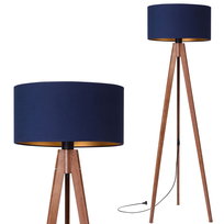Lampa stojąca podłogowa TRÓJNÓG DREWNIANY orzech ABAŻUR granatowy złoty