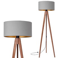 Lampa stojąca podłogowa TRÓJNÓG DREWNIANY orzech ABAŻUR szary złoty