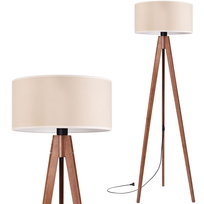 Lampa stojąca podłogowa TRÓJNÓG DREWNIANY orzech ABAŻUR WELUR beżowy