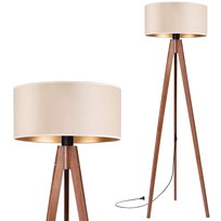 Lampa stojąca podłogowa TRÓJNÓG DREWNIANY orzech ABAŻUR WELUR beżowy złoty