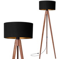 Lampa stojąca podłogowa TRÓJNÓG DREWNIANY orzech ABAŻUR WELUR czarny złoty