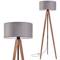 Lampa stojąca podłogowa TRÓJNÓG DREWNIANY orzech ABAŻUR WELUR szary