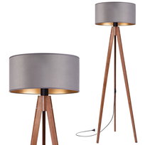 Lampa stojąca podłogowa TRÓJNÓG DREWNIANY orzech ABAŻUR WELUR szary złoty