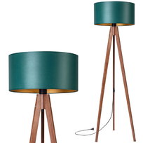 Lampa stojąca podłogowa TRÓJNÓG DREWNIANY orzech ABAŻUR zielony złoty