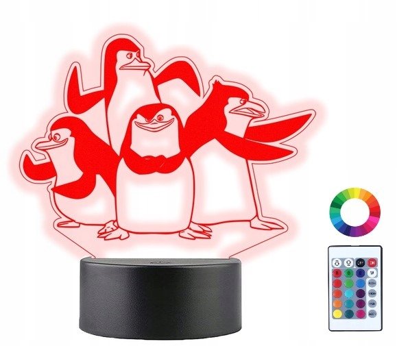 Zdjęcia - Lampa stołowa Lampka Nocna 3D Led Pingwiny z Madagaskaru Grawer