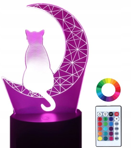 Zdjęcia - Lampa stołowa Lampka Nocna Led 3D Kot Na Księżycu Grawer Imię