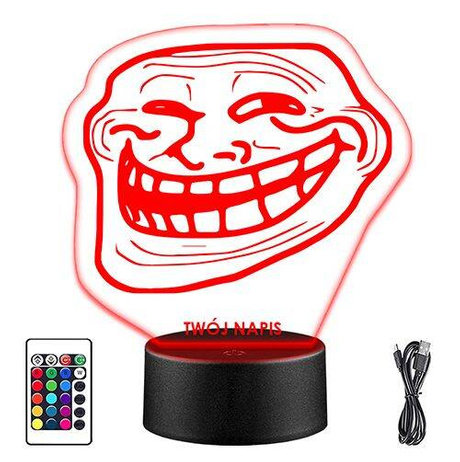 LAMPKA NOCNA LED TROLL FACE 3D + PILOT prezent URODZINY statuetka ...