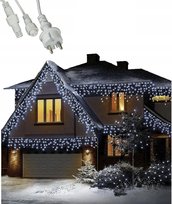 Lampki Choinkowe Zewnętrzne Sople Kurtyna Białe Zimne+ błysk 300 LED 14 m