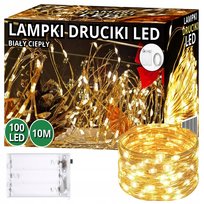 LAMPKI DRUCIKI LED 10M 100 LAMPEK BIAŁE CIEPŁE NA BATERIE MIKRO CHOINKOWE