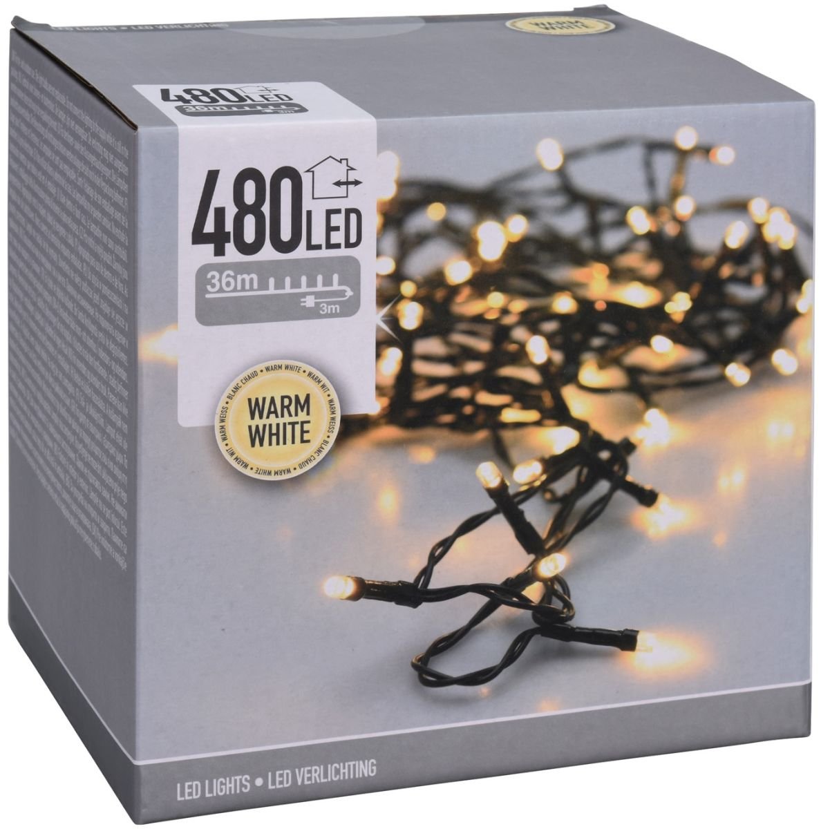 Łańcuch świetlny, 480 diod LED, 36 m, barwa ciepła biała.