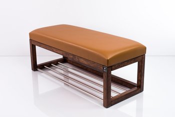 Ławka na buty LPG-4, 115 cm EMRAWOOD drewno lite kolor orzech siedzisko gładkie ekoskóra kolor brązowy - Emra Wood Design